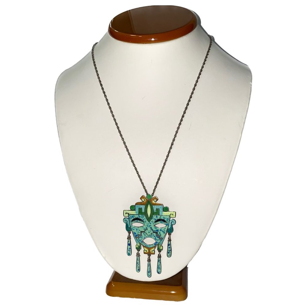 Mexican Sterling Silver Necklace Turquoise Aztec Warrior Pendant Brooch